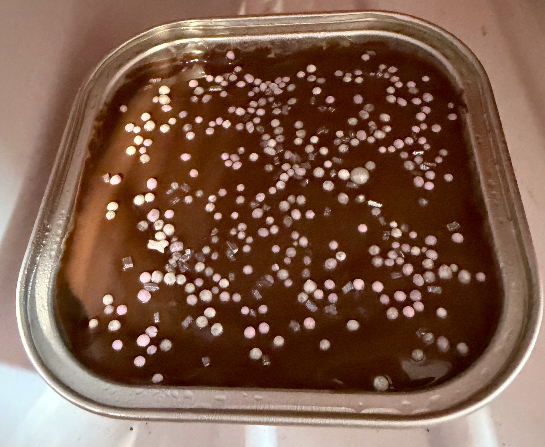 A chocolate-topped dessert tin decorated with pink and white sprinkles